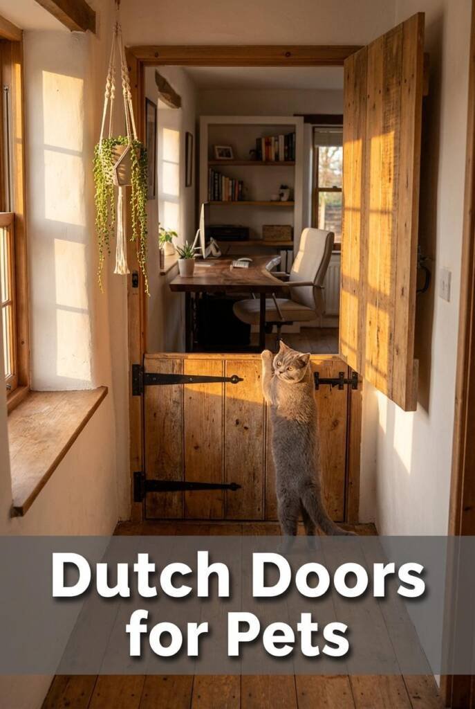 Three-quarter angle from a hallway looking through a custom interior Dutch door, bottom half closed and top half swung wide o