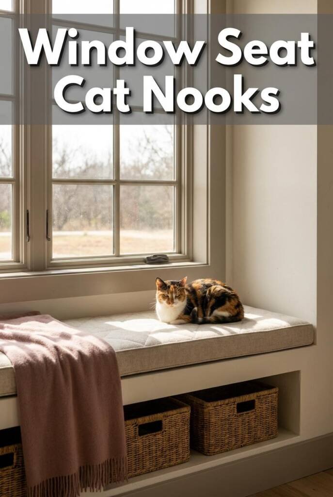 Tight medium crop on a deep built-in window seat nestled into a thick wall framed by steel-reinforced barn-style window casin