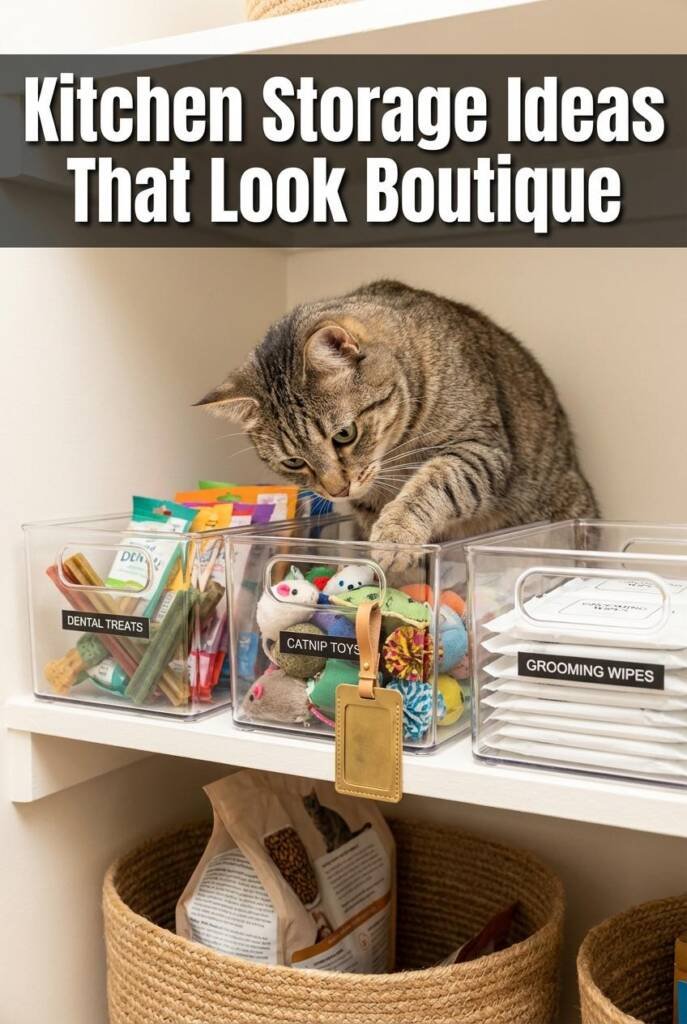 Three clear acrylic stackable bins on a white pantry shelf, each holding sorted pet supplies — dental treats in one, catnip t