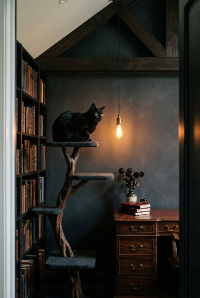 Wide-angle shot from the doorway threshold into a dark academia study with deep charcoal limewash walls and a vaulted ceiling