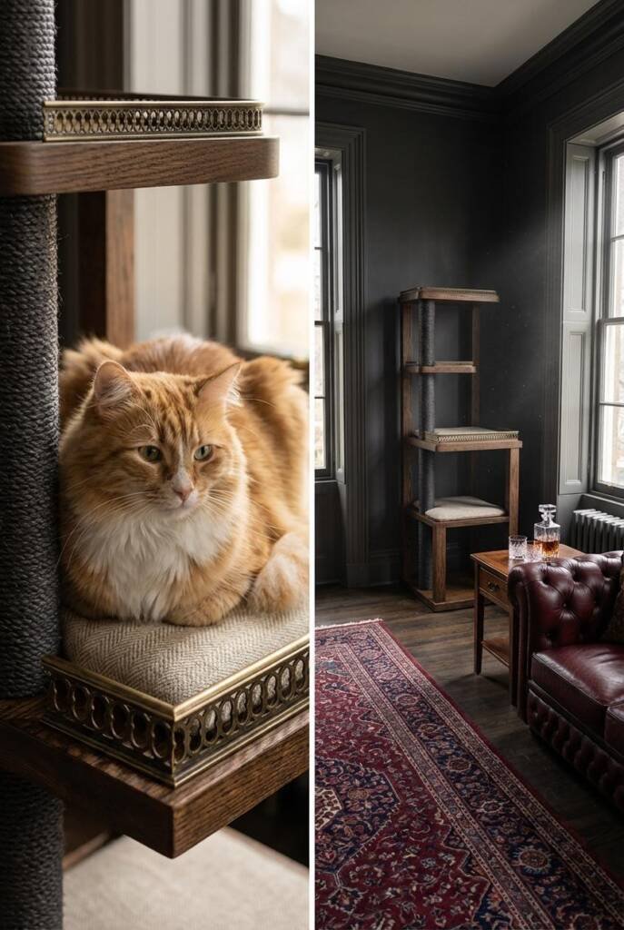 Eye-level straight-on composition from across a moody traditional living room with double-height ceilings and crown molding p