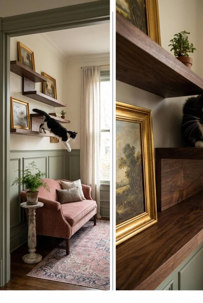 Wide-angle lens shot from a doorway threshold looking into a formal Edwardian-inspired sitting room with sage green paneled w