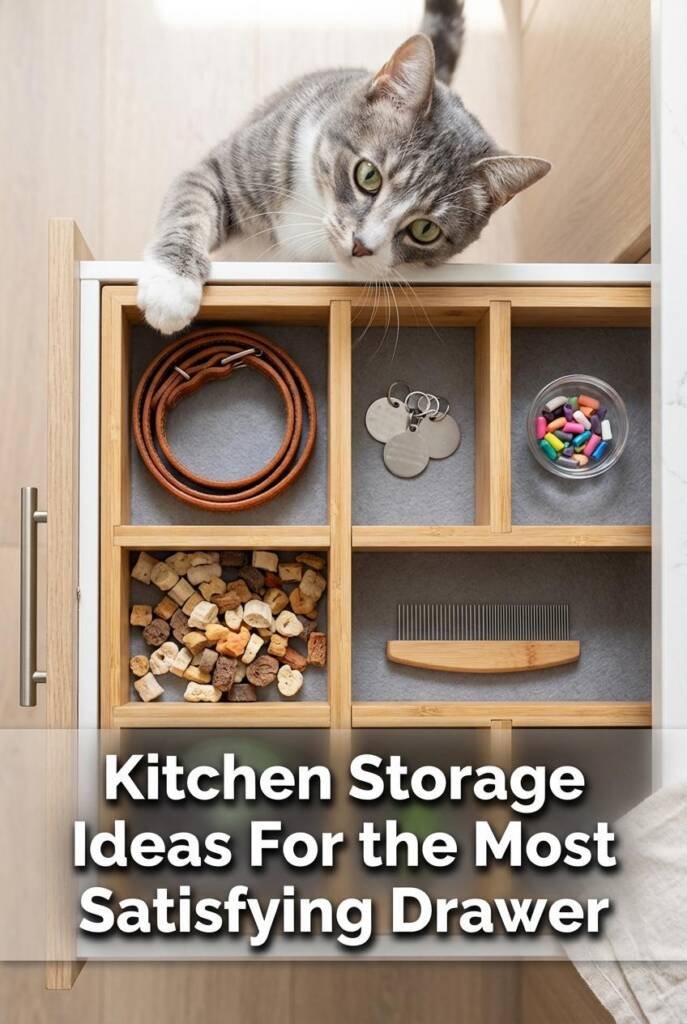 Overhead flat-lay looking straight down into an open kitchen drawer. Adjustable bamboo dividers creating neat compartments ho