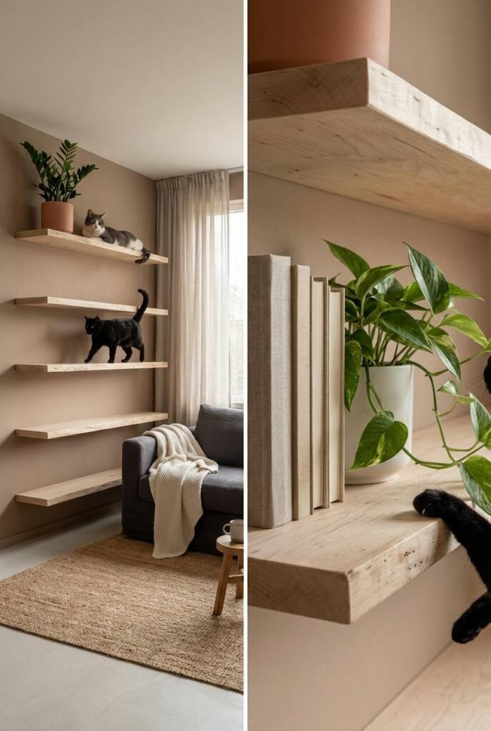 Wide-angle shot from the doorway threshold of a Japandi-style living room with low ceilings and warm minimalism. Five raw-edg