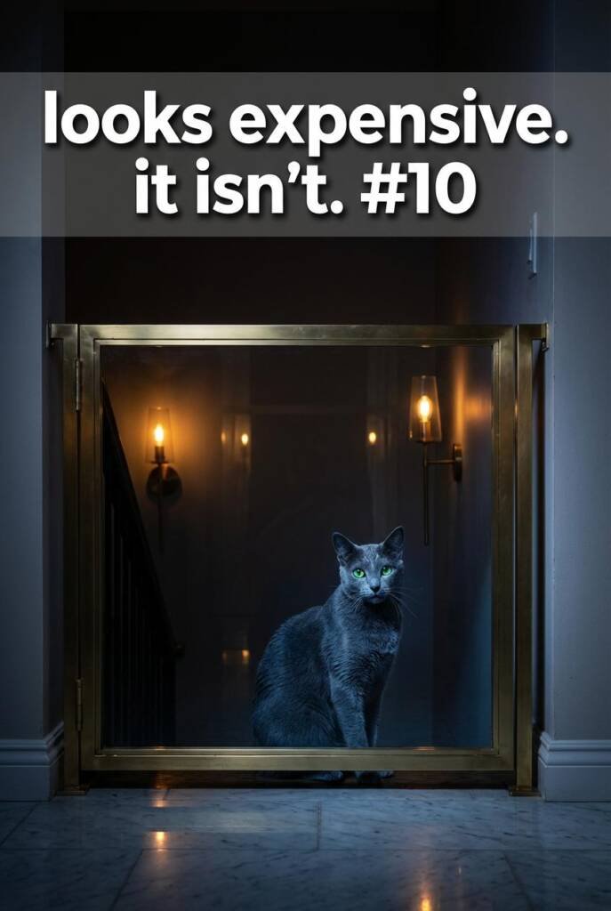 Full drama. Near-dark staircase, two wall sconces burning low on either side of the gate, their amber light catching the brus