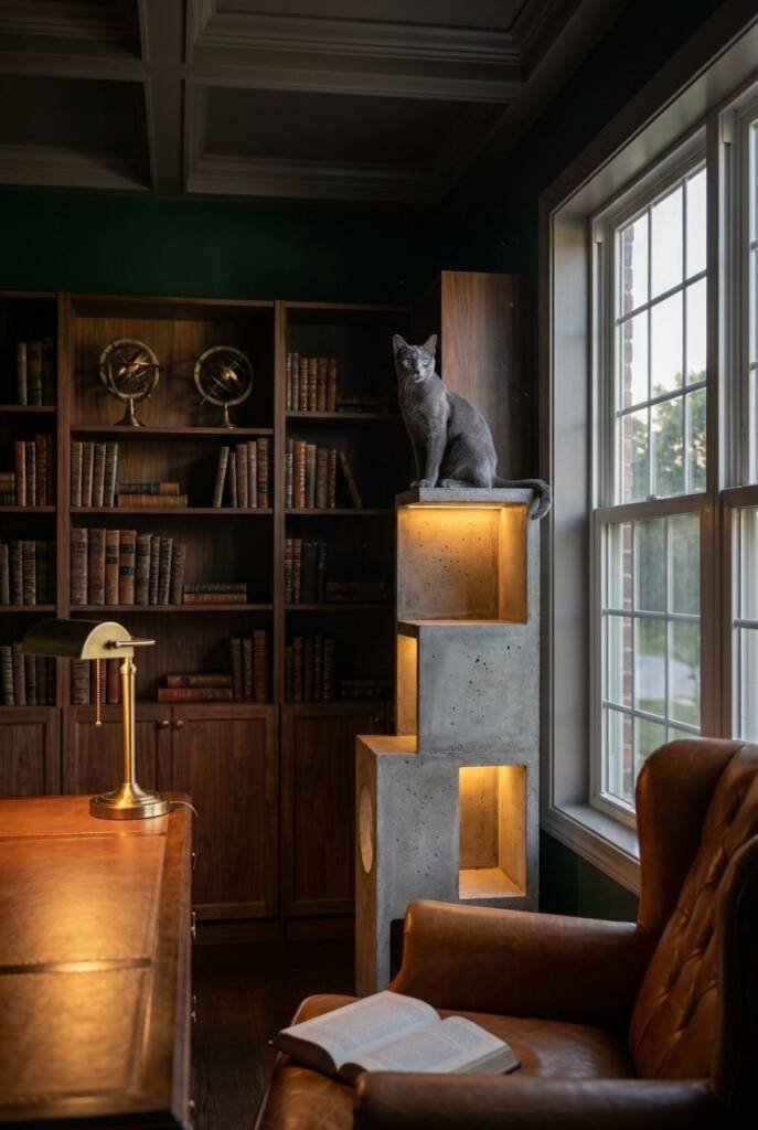 Shot from eye level in a dark academia-inspired study with floor-to-ceiling walnut bookshelves and a deep hunter green accent