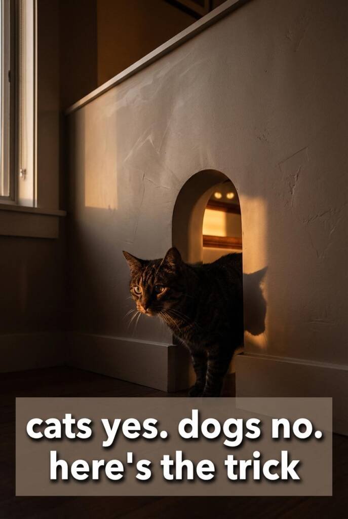 Dramatic low angle on a smooth plaster half-wall, side-lit by a single narrow window so the trowel texture throws deep shadow
