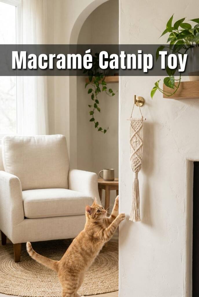 Shot from eye level with a medium-tight crop focusing on a handmade natural cotton macramé hanging toy suspended from a brush