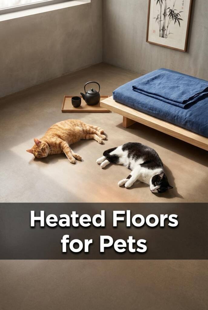 Overhead flat-lay-style shot angled slightly forward, looking down at a polished concrete floor in warm taupe with subtle rad