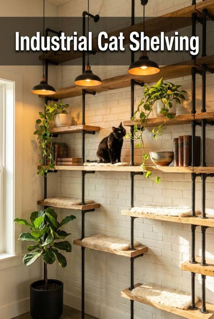 Straight-on eye-level shot of a full wall of industrial pipe-and-plank shelving in a barndominium living area, matte black ir