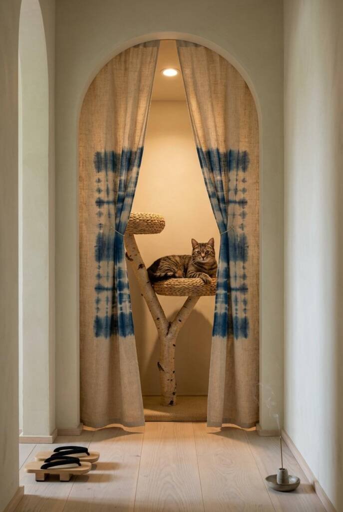 Eye-level straight-on shot through a split natural linen noren curtain with indigo shibori dye pattern hanging in an arched a