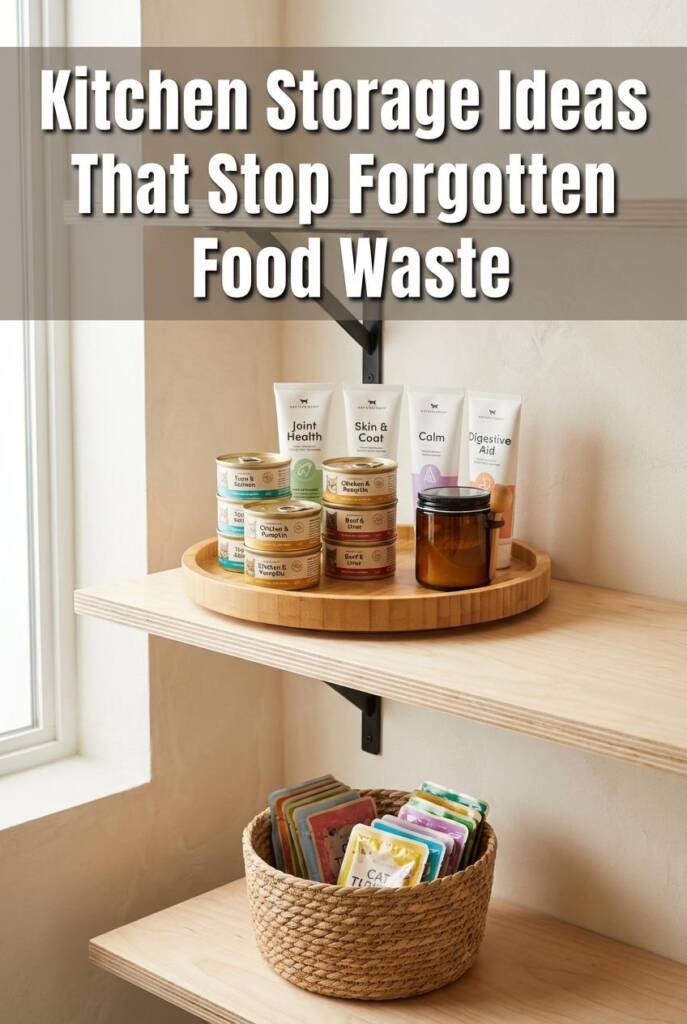 Open pantry shelf in a warm minimalist kitchen with soft cream limewash walls. A two-tier bamboo lazy Susan turntable on a ra