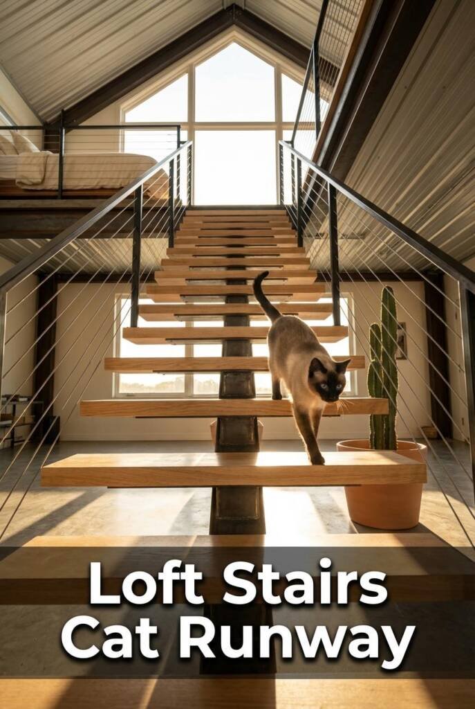 Dramatic low-angle shot looking up a floating open-tread staircase in a double-height barndominium, raw steel stringers suppo