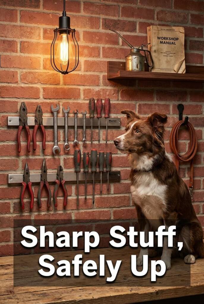Tight crop shot at eye level focusing on a styled garage wall vignette, lit by a warm Edison bulb pendant in a matte black ca