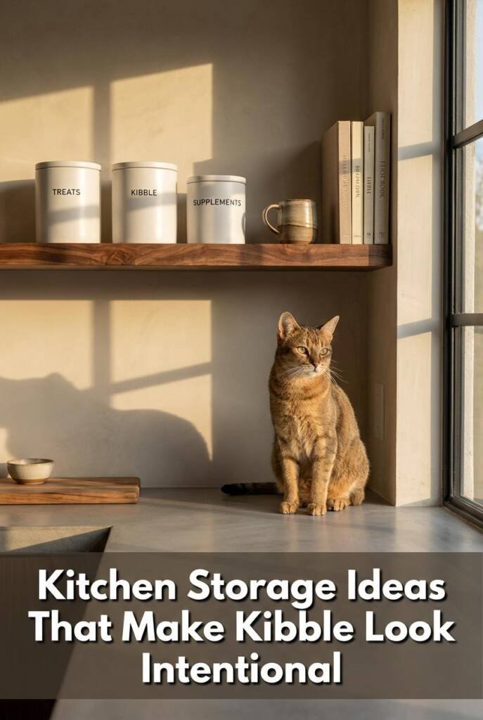 Limewash walls in warm putty, a raw-edge walnut floating shelf holding three matte white ceramic canisters with minimalist bl