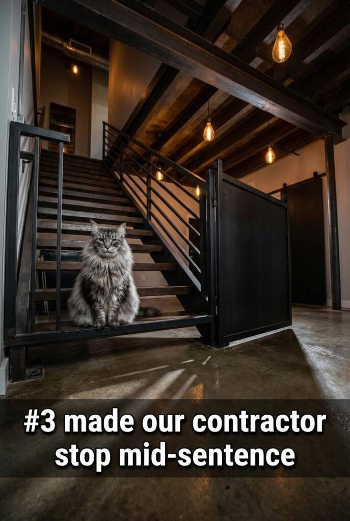 Low angle shooting up in a raw industrial loft, exposed steel overhead, Edison bulbs burning amber in the near-dark. The matt