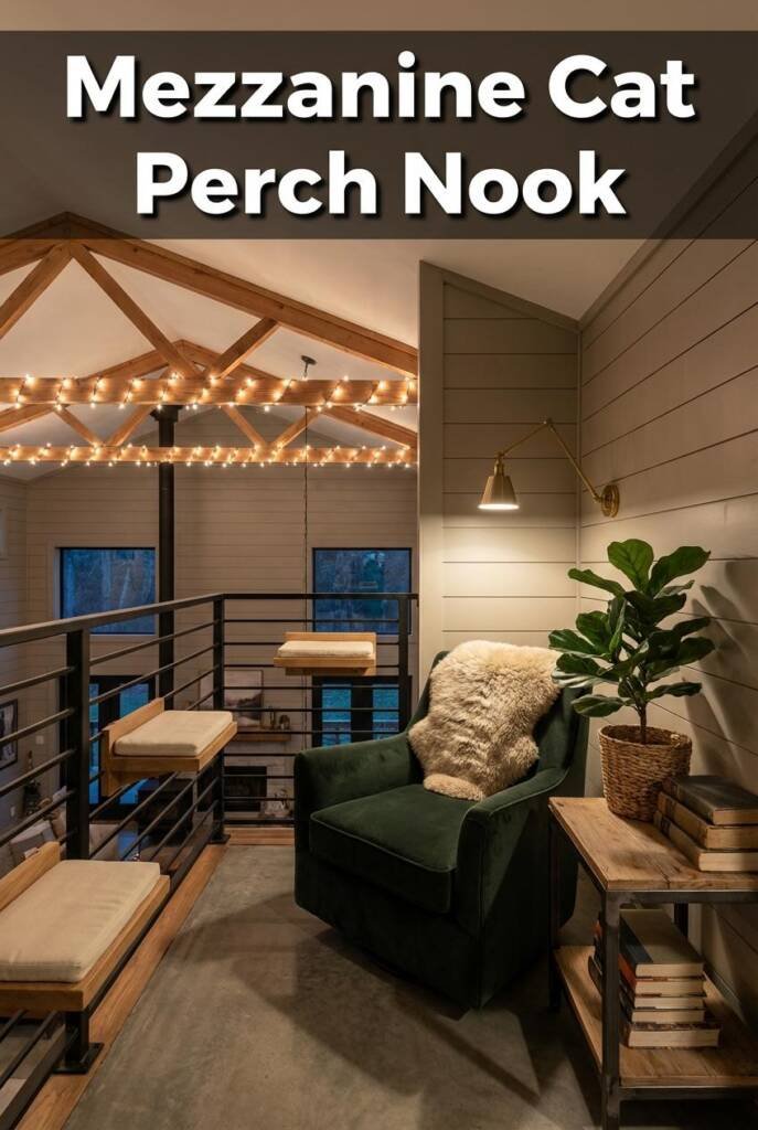 Wide-angle shot from inside a small barndominium mezzanine loft, looking out over the blackened steel railing toward the doub