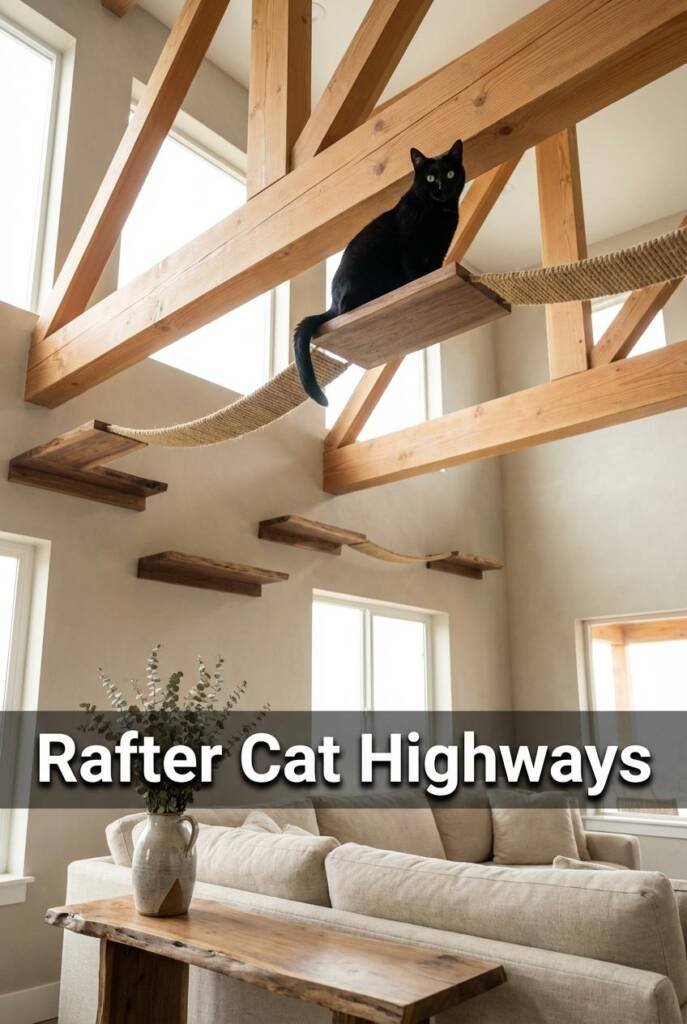 Low-angle shot looking upward into a double-height barndominium living space, soft diffused north-facing window light washing