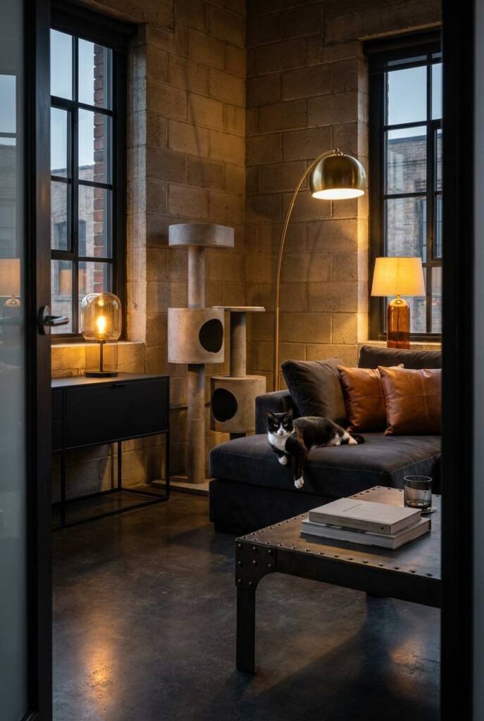 Wide-angle shot from a doorway threshold capturing a full industrial loft living room scene in dark, moody tones. A concrete-