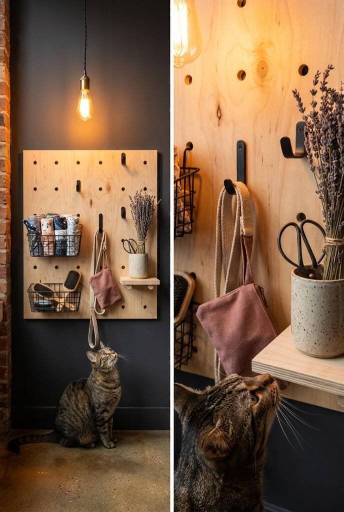 Medium shot from a slightly elevated angle of a natural birch plywood pegboard mounted on a matte charcoal painted wall in an