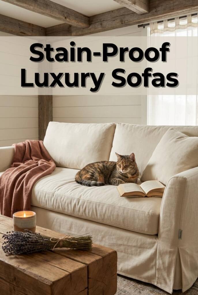 Medium shot from a slightly low angle focusing on an oversized slipcovered sofa in creamy ivory Crypton performance linen, ce