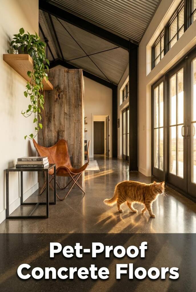 Eye-level straight-on shot down a long barndominium great room, warm late-afternoon sun pouring through massive steel-framed