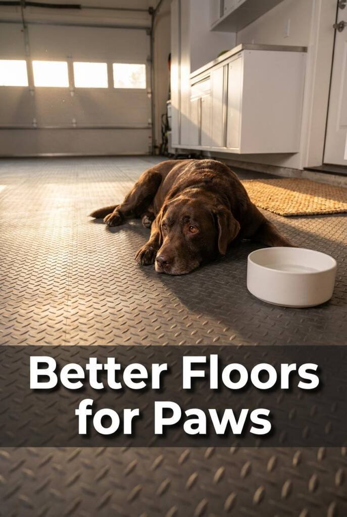 Low-angle shot looking across the surface of newly installed diamond-plate textured rubber interlocking tiles from IncStores