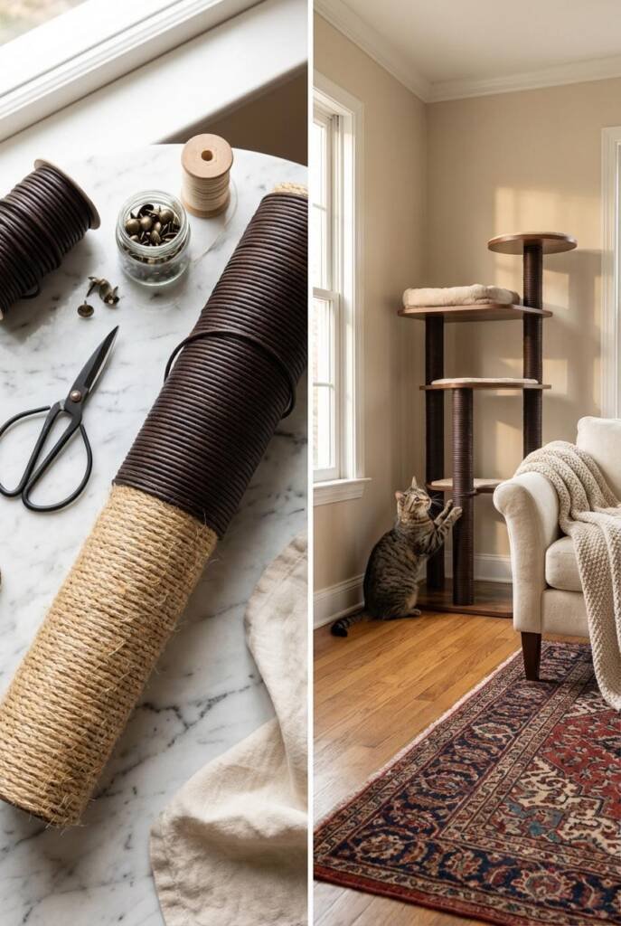 Tight crop overhead shot angled at roughly 45 degrees capturing a styled flat-lay-meets-vignette on a honed Carrara marble su