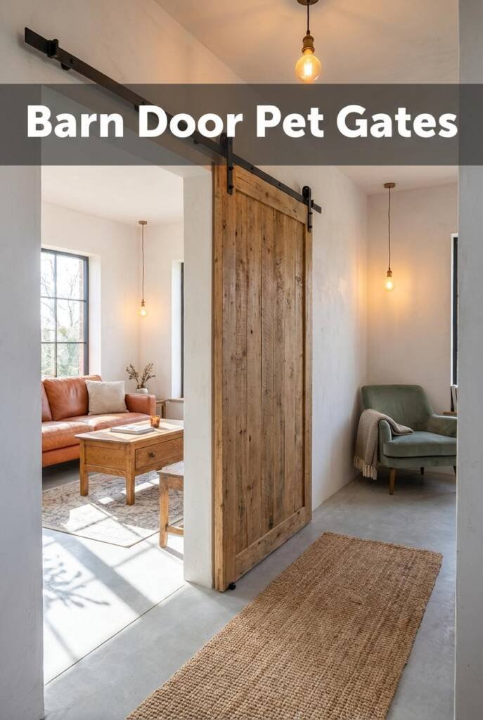 Slightly elevated three-quarter angle capturing a wide hallway junction in a modern barndominium, a massive reclaimed pine sl