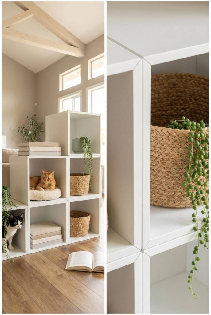 Wide-angle shot from a low angle looking slightly up at a staircase arrangement of six matte white modular open storage cubes