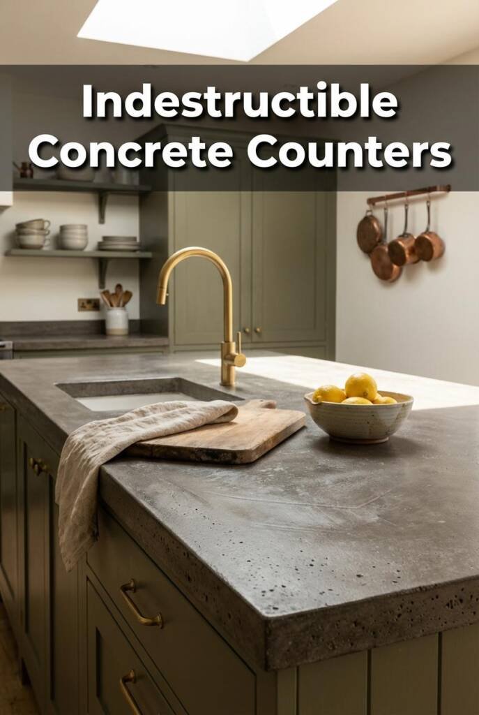Three-quarter elevated angle looking down at a long barndominium kitchen island with a sealed poured concrete countertop in w