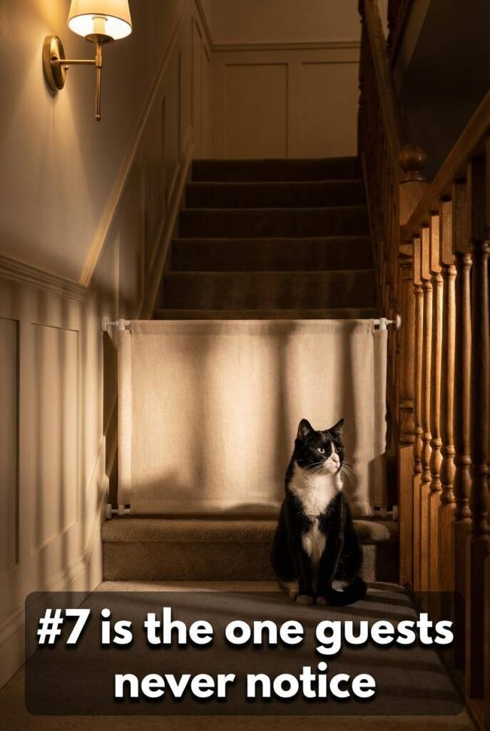 Dark moody staircase, a single wall sconce throwing warm side-light across turned balusters and casting long parallel shadows