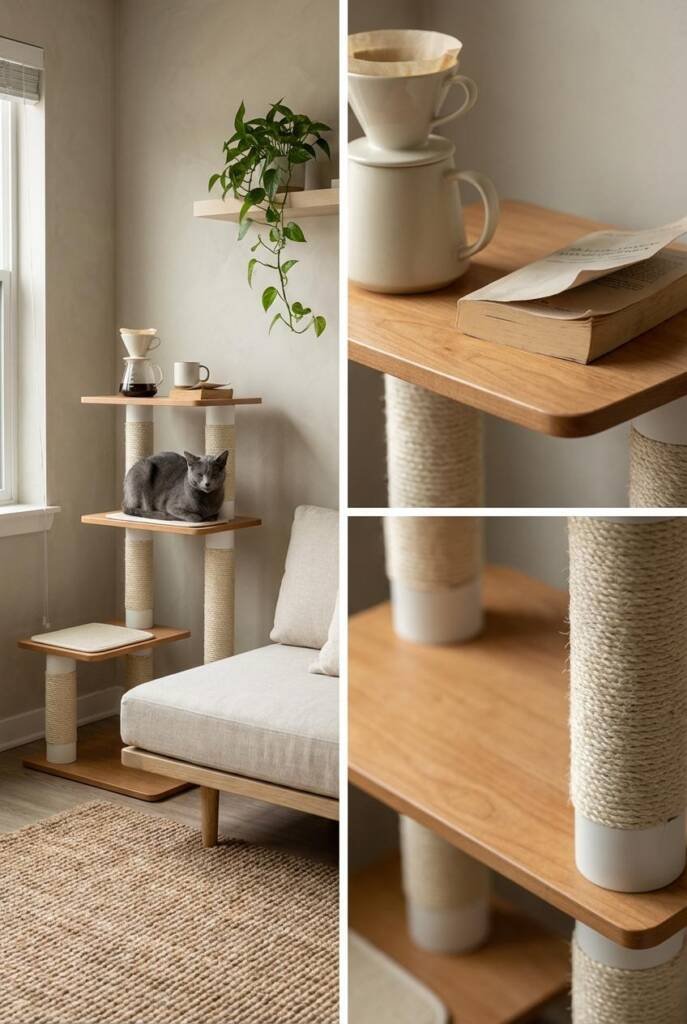 Shot from a slightly elevated 3/4 angle with a medium focal length, this Japandi studio apartment vignette captures a slender