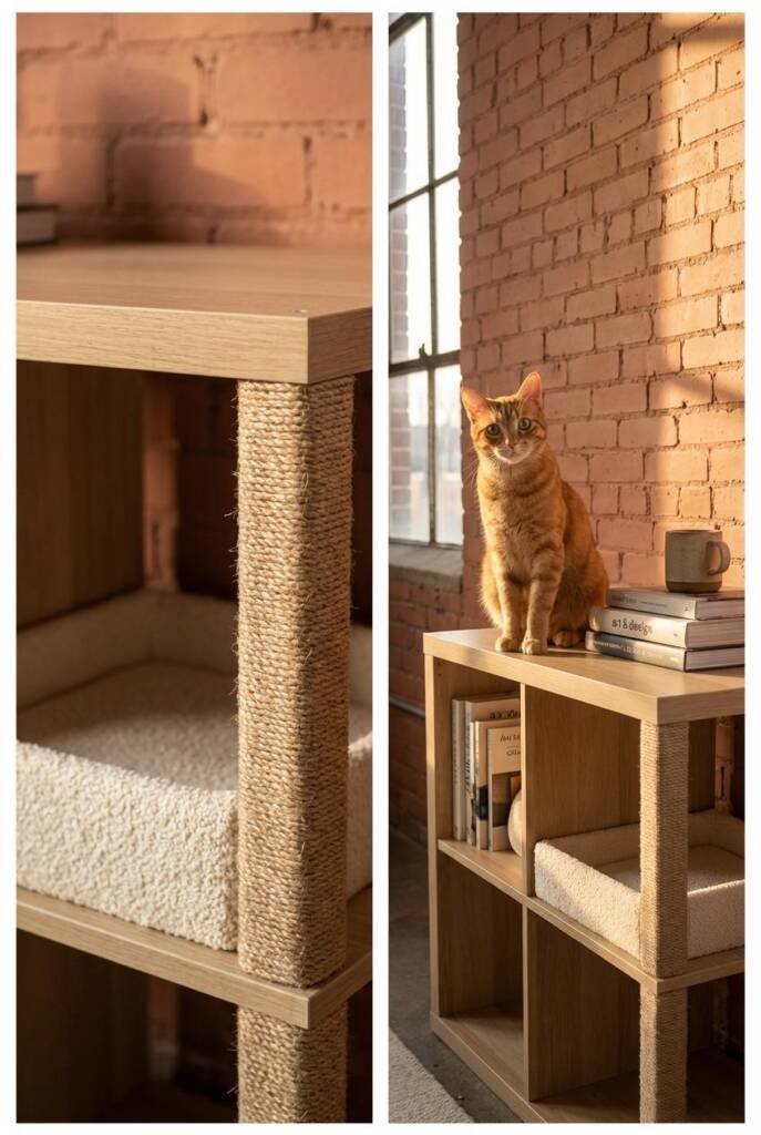 Shot from a low angle looking slightly up, a two-by-four KALLAX shelf unit in matte oak stands against an exposed brick wall