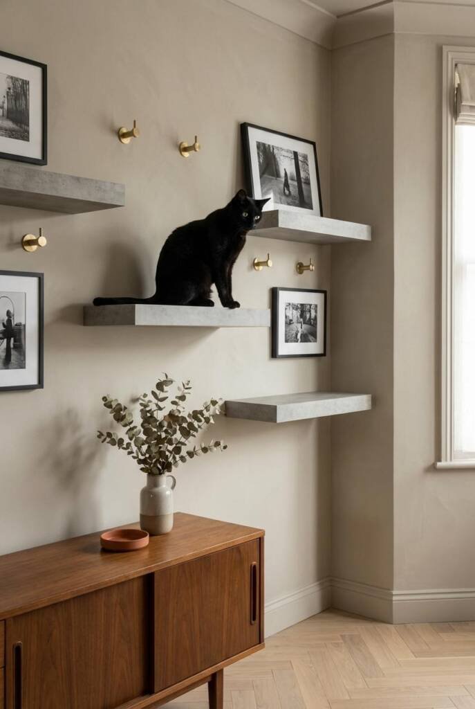 Eye-level straight-on composition capturing a gallery wall arrangement of staggered wall-mounted cat shelves in concrete-effe