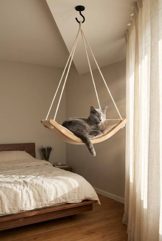 Shot from a slightly low angle looking up at a suspended cat hammock made from bent ash wood frame and natural undyed linen f