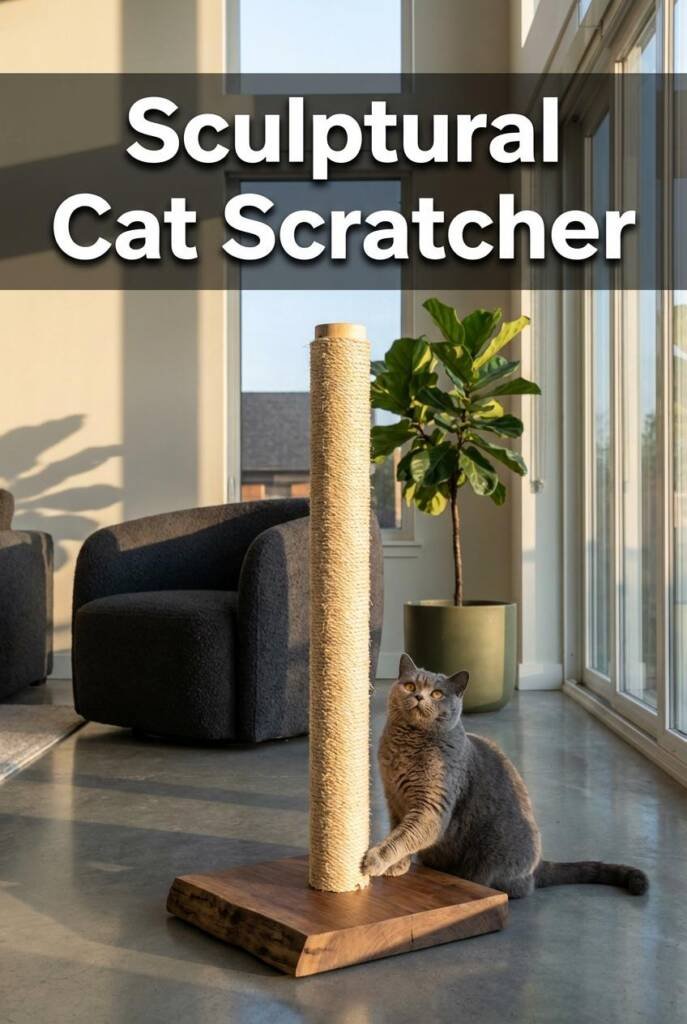 Shot from a low angle looking slightly up, emphasizing the vertical form of a tall sisal-wrapped birch dowel mounted on a chu