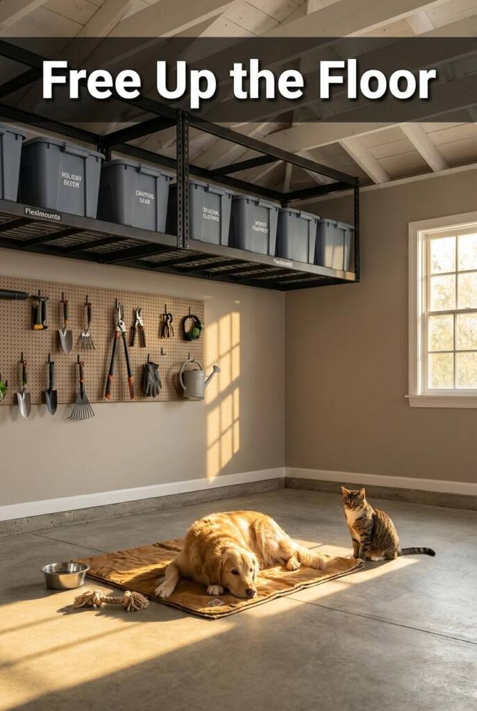 Shot from a slightly low angle looking upward into a well-organized two-car garage, warm late-afternoon sun streaming through