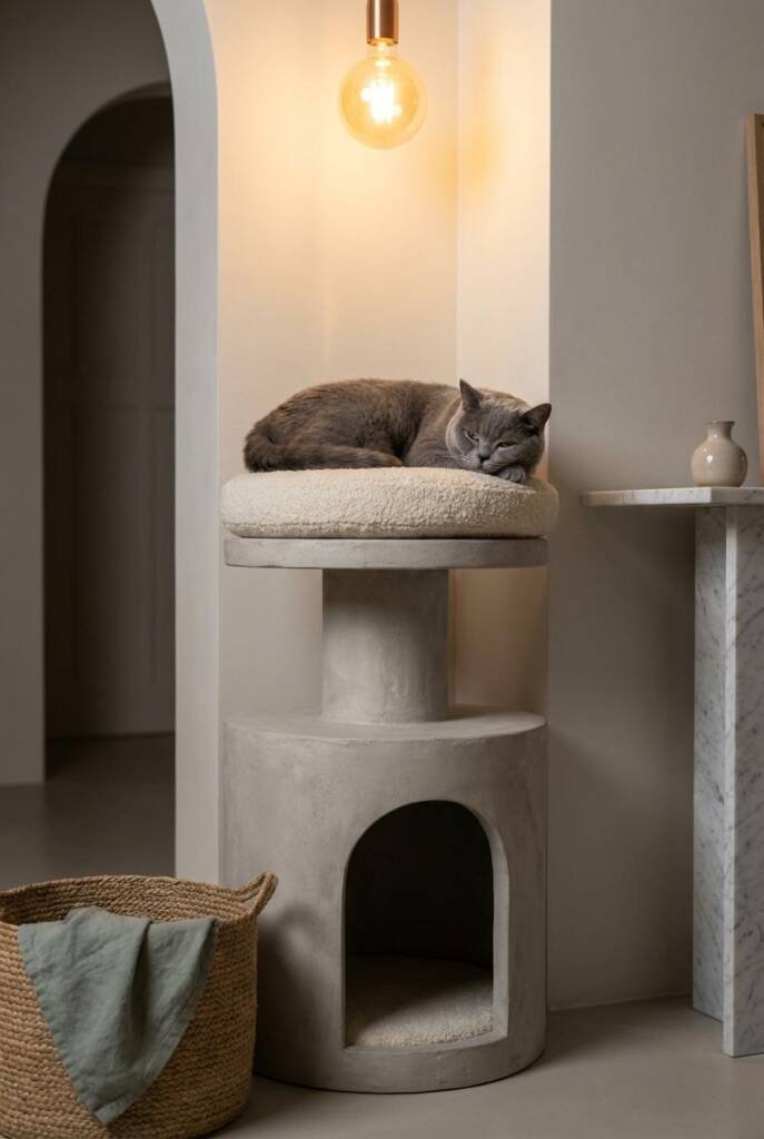 Shot from a low angle looking slightly up at a substantial three-tier enclosed cat tower in micro-cement textured finish, pos