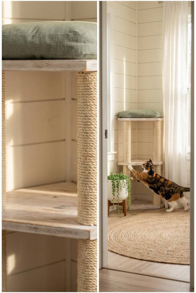 Shot from a doorway threshold with a wide-angle lens, this modern farmhouse studio reveals a triangular corner cat tower in w