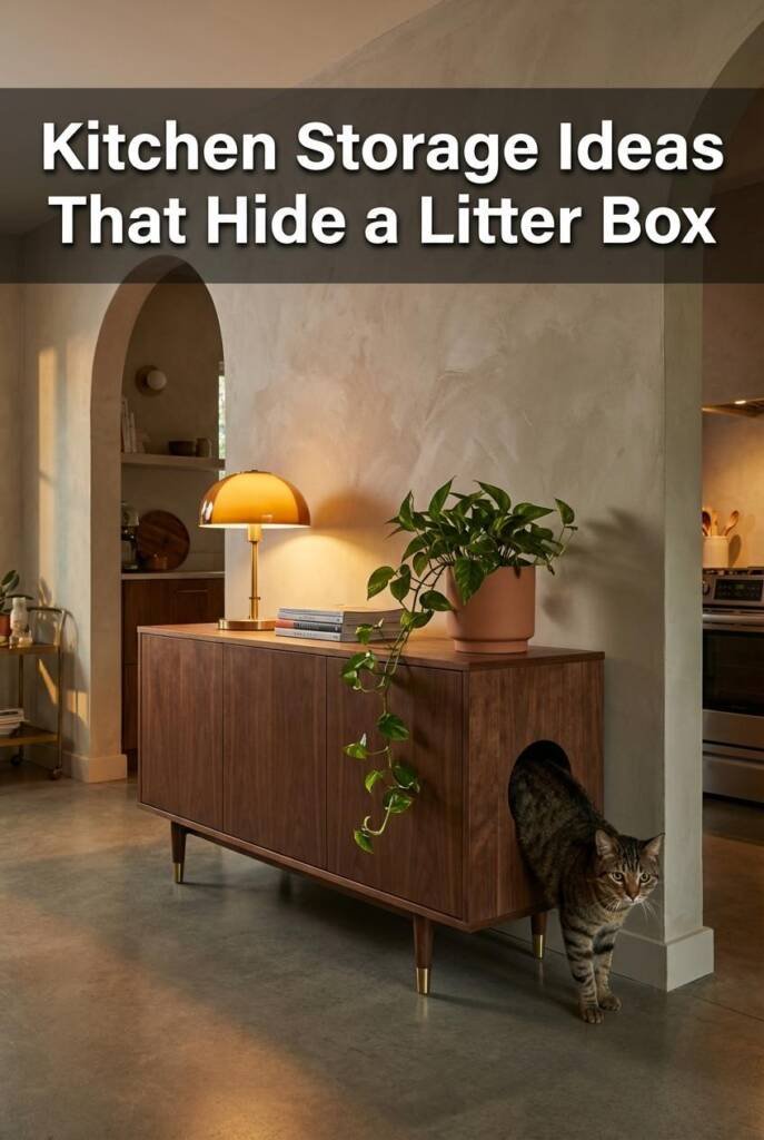 Walnut mid-century modern credenza with tapered brass-capped legs against a warm greige wall near a kitchen archway. A round