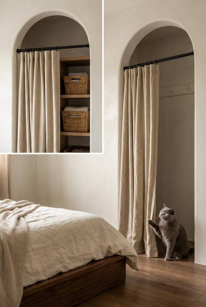 Eye-level straight-on composition looking into a cozy studio apartment bedroom nook with a closet opening framed by a simple