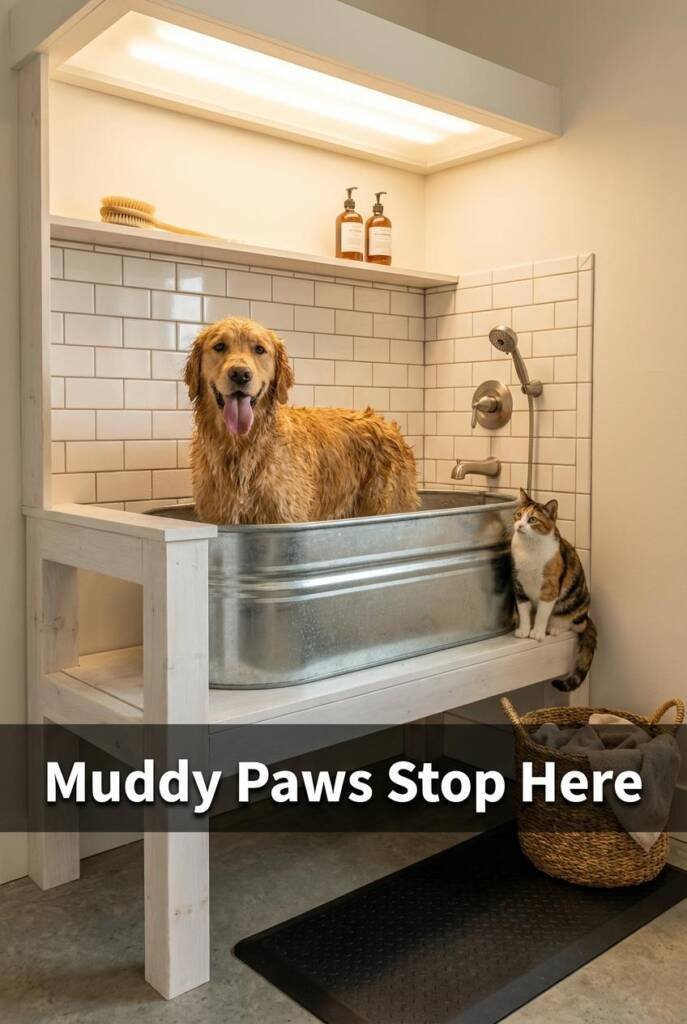 Medium shot from a slightly elevated three-quarter angle capturing a custom-built garage dog wash station in a modern farmhou