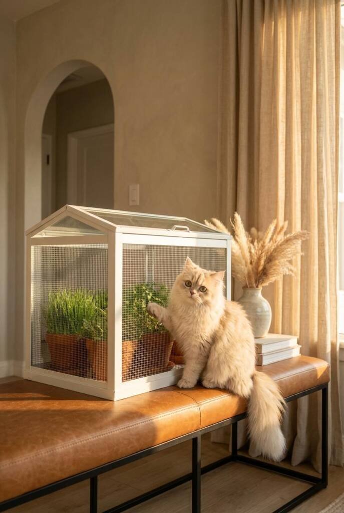 Shot from a low angle looking slightly up at a modified IKEA SOCKER white powder-coated steel greenhouse sitting on a cognac