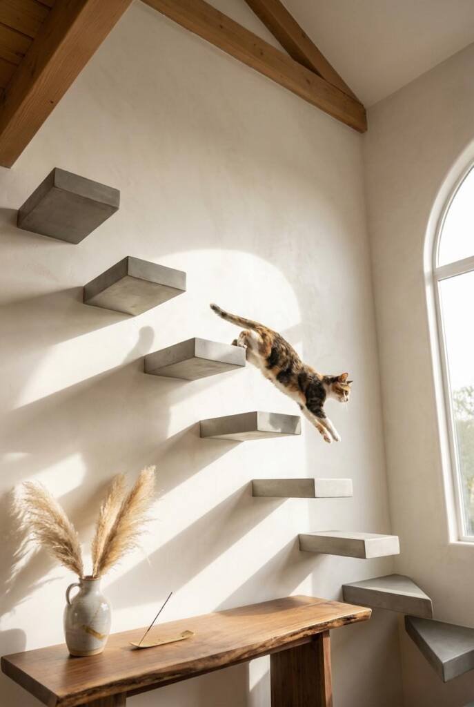 Slightly elevated 3/4 angle looking up at an ascending arrangement of six cantilevered cat steps in cast-resin concrete finis