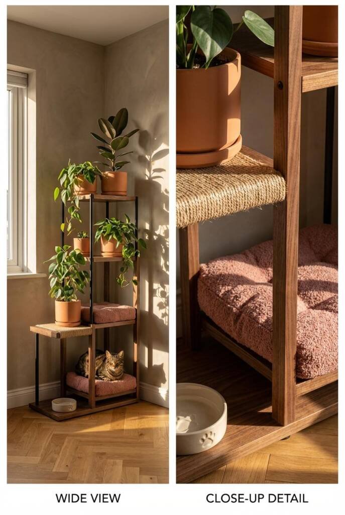 Slightly elevated 3/4 angle with medium focal length capturing a mid-century modern corner vignette inside a studio with hand