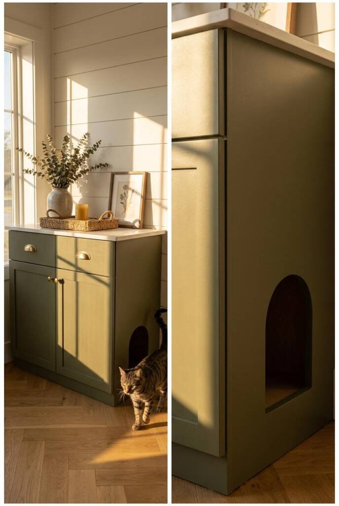 Eye-level straight-on shot of a matte olive green two-door cabinet styled as a credenza against a warm white shiplap wall in