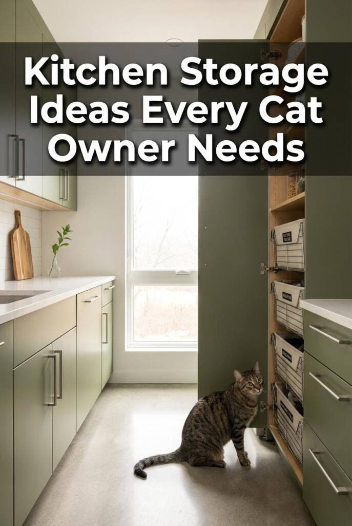 Matte olive green galley kitchen with brushed stainless hardware. A tall pantry unit standing open, revealing pull-out wire b