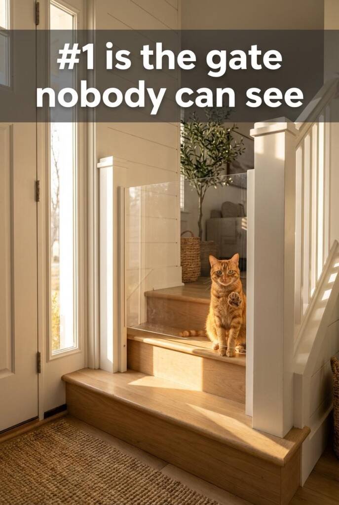 Bright modern farmhouse staircase, late afternoon sun blasting through a tall sidelight window, golden light raking across wh