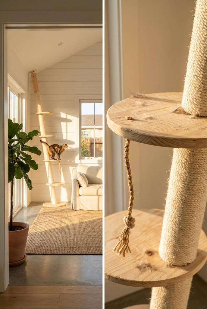Wide-angle shot from a doorway threshold into a bright California casual living room with vaulted ceilings and white shiplap